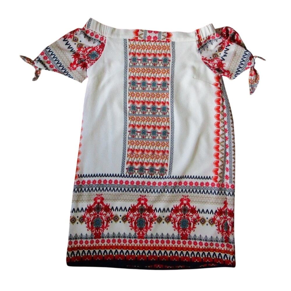 Monteau Dress Size M Multicolor Damask Mini Shift Off Shoulder Boho Coastal